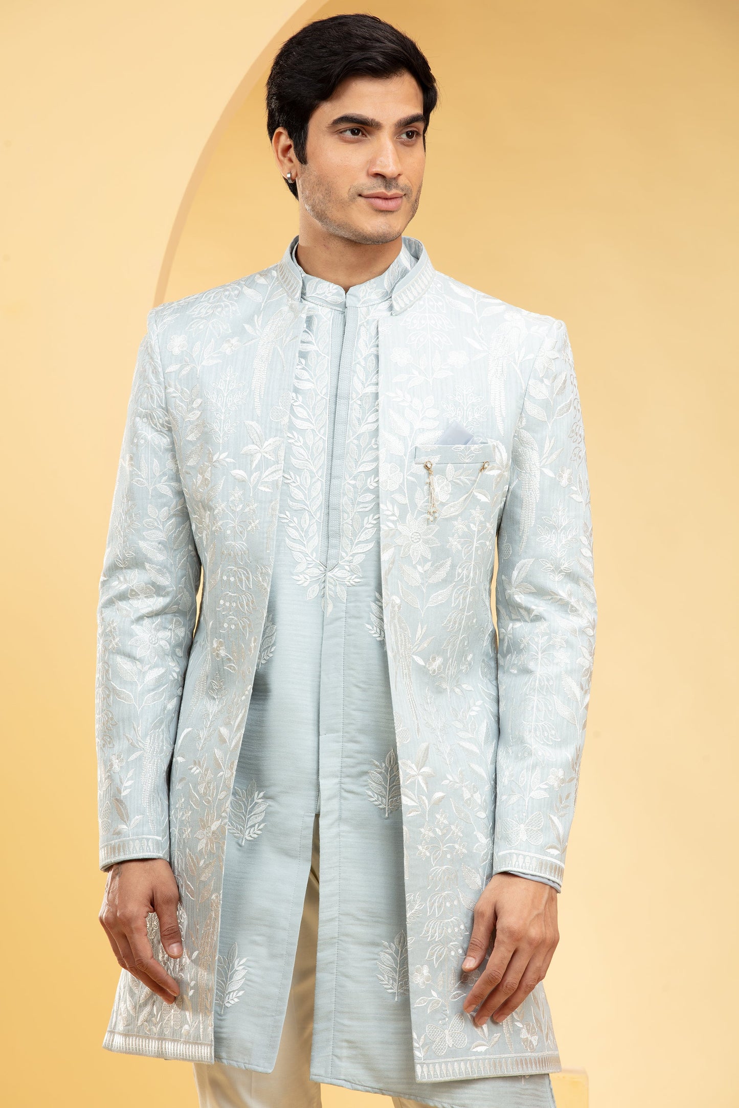 Powder Blue Open Indo Western with all over thread work