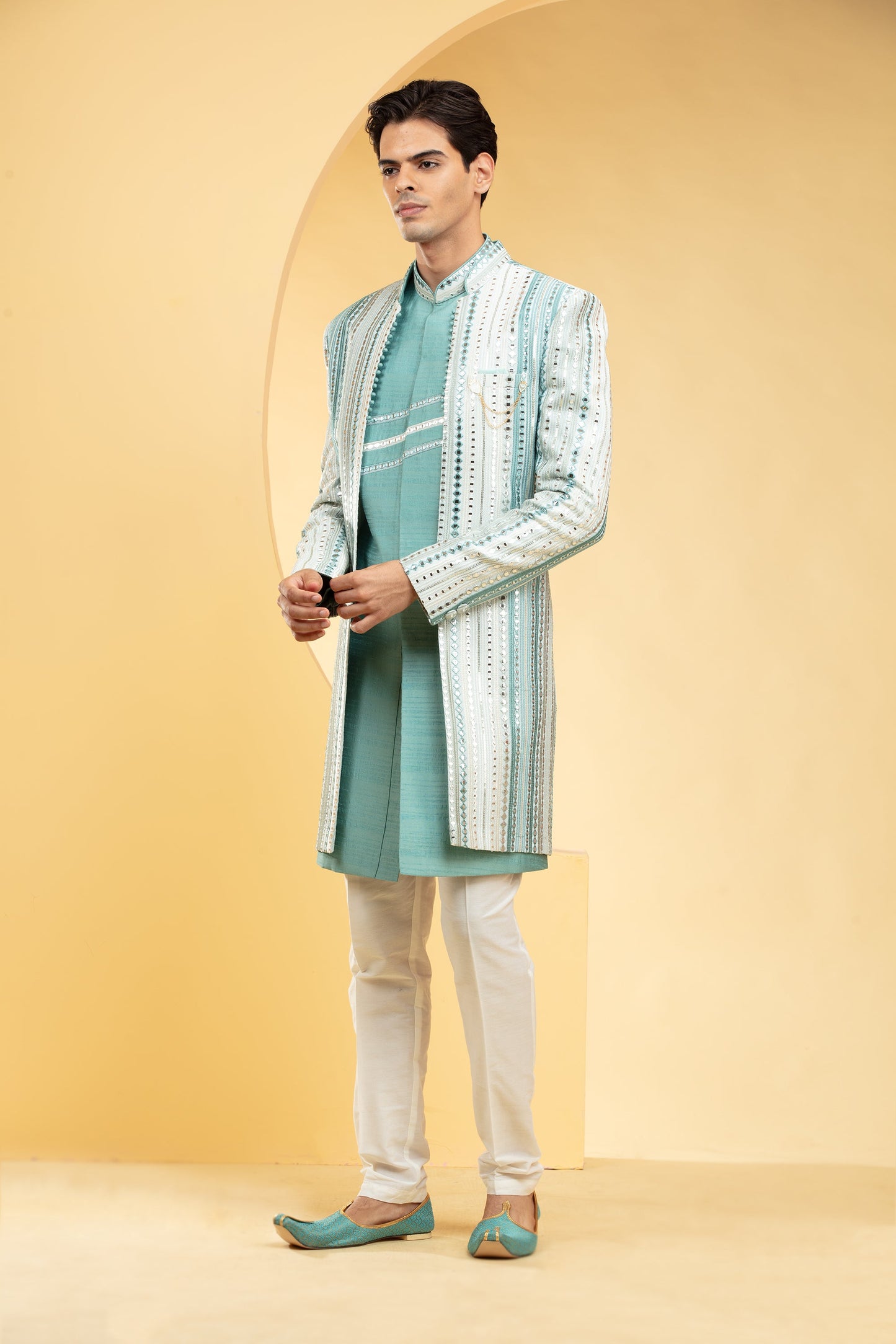 Sky blue & white Open indo western set with mirror & thread work