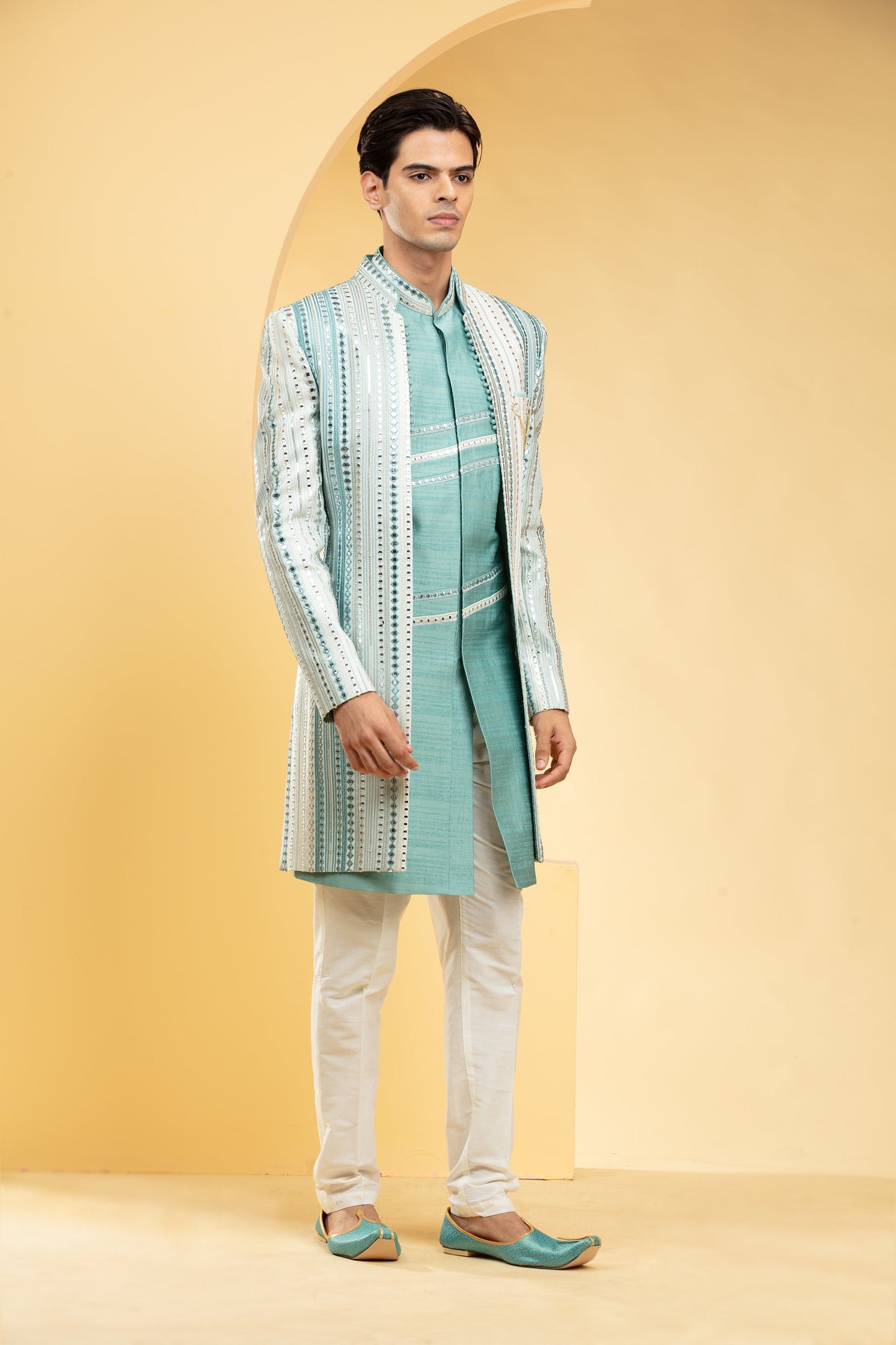 Sky blue & white Open indo western set with mirror & thread work