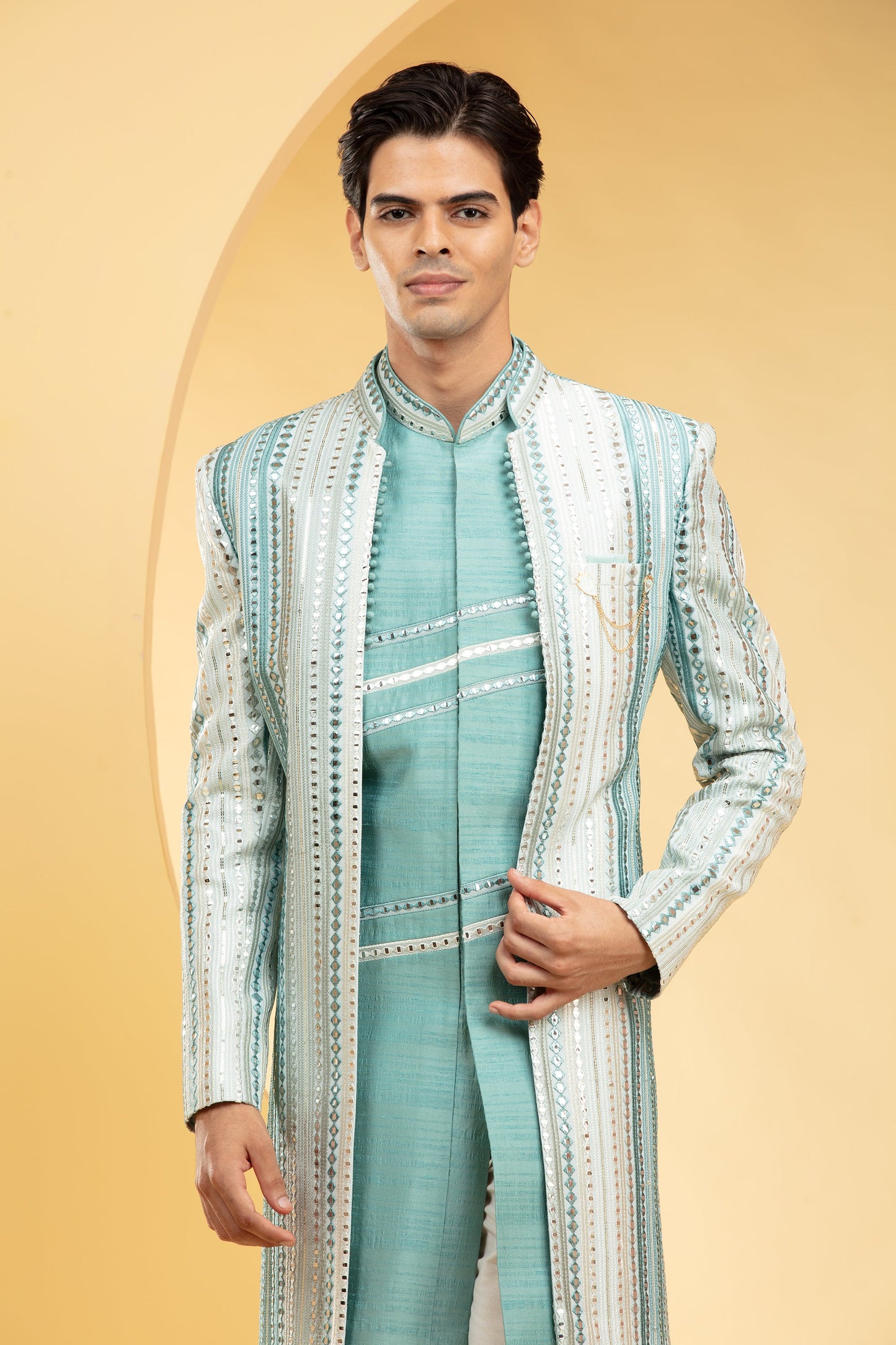 Sky blue & white Open indo western set with mirror & thread work