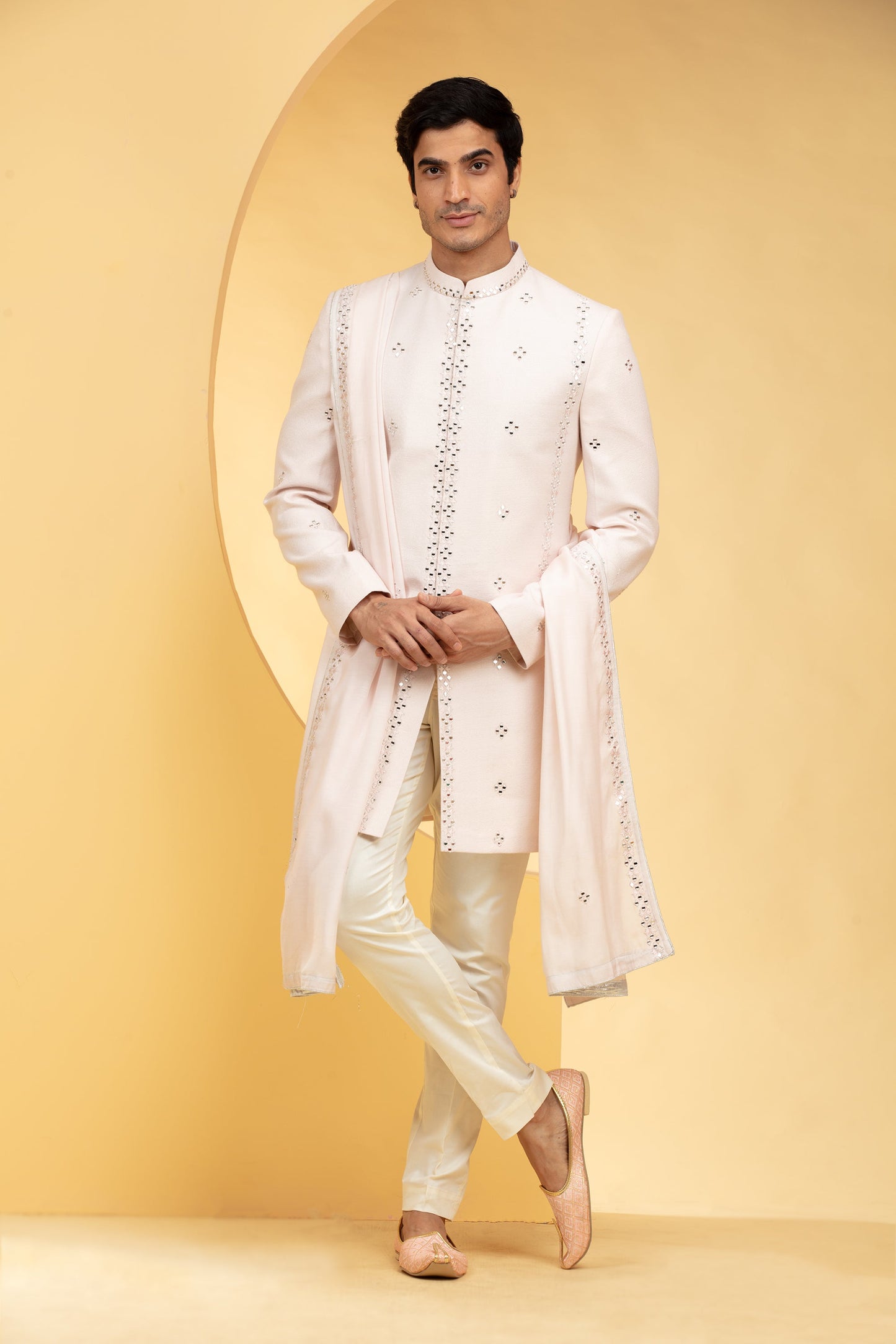 Cream White Jacket set and matching dupatta with mirror work