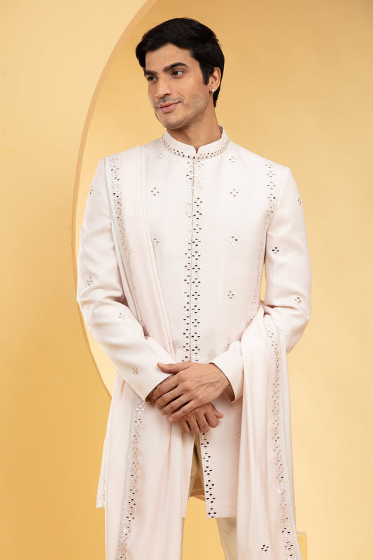 Cream White Jacket set and matching dupatta with mirror work