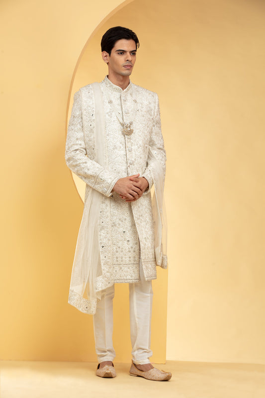 Daisy White printed mirror work sherwani with Net dupatta and embellishments