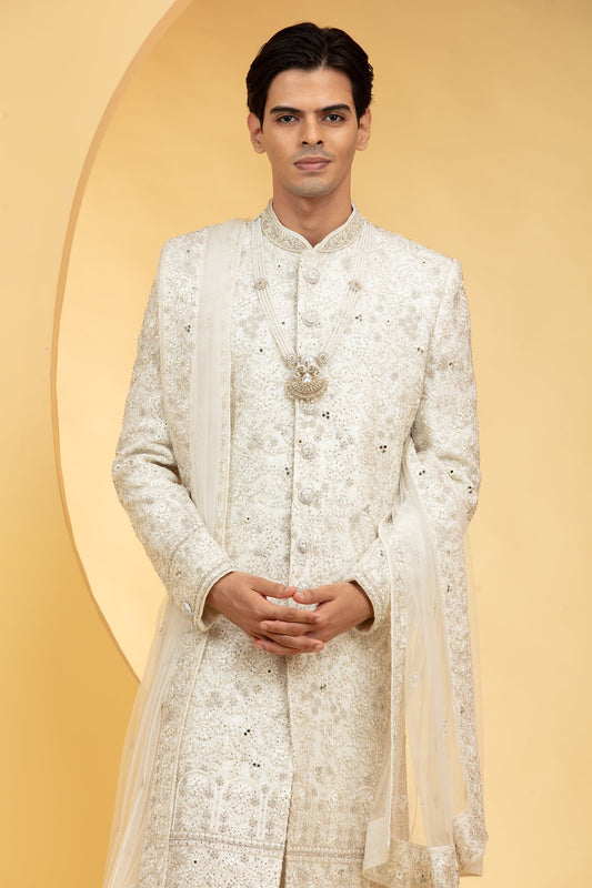 Daisy White printed mirror work sherwani with Net dupatta and embellishments
