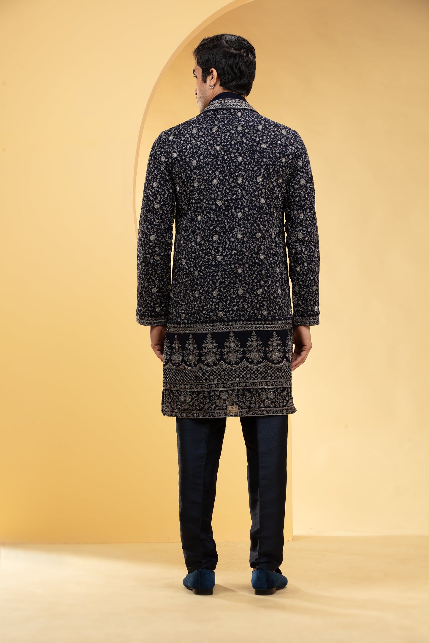 Dark Blue Lucknowi kurta Set with heavy Daman work and matching Dupatta