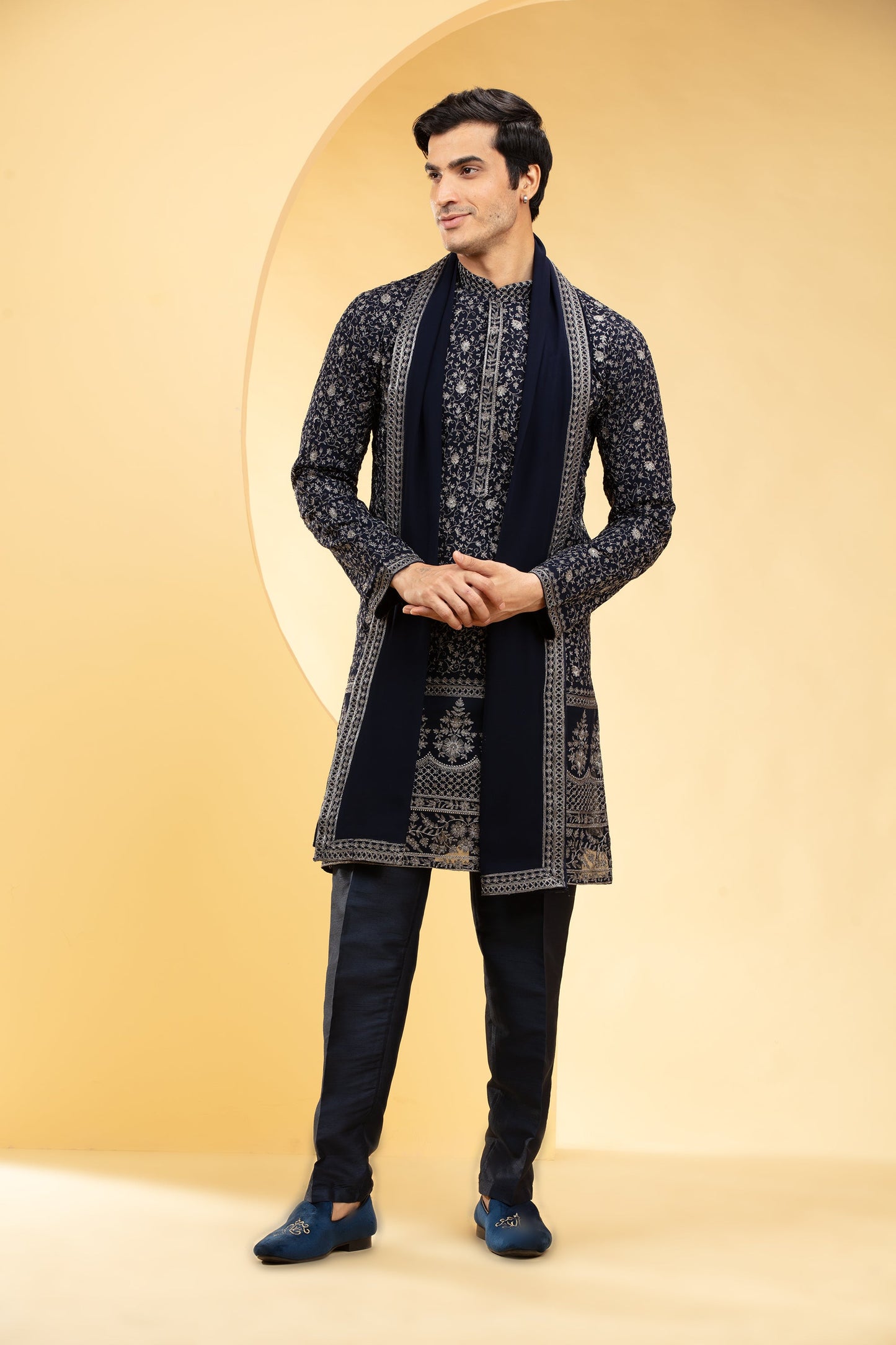 Dark Blue Lucknowi kurta Set with heavy Daman work and matching Dupatta