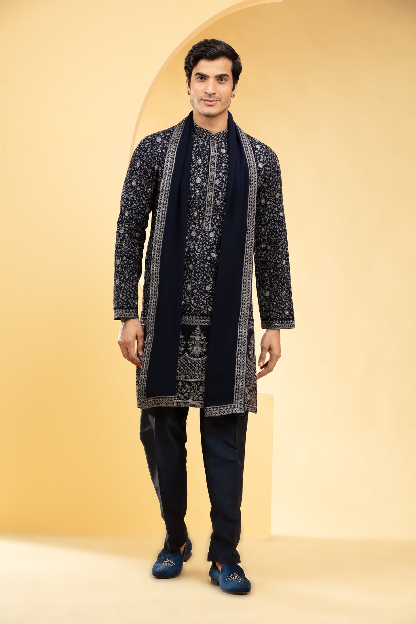 Dark Blue Lucknowi kurta Set with heavy Daman work and matching Dupatta