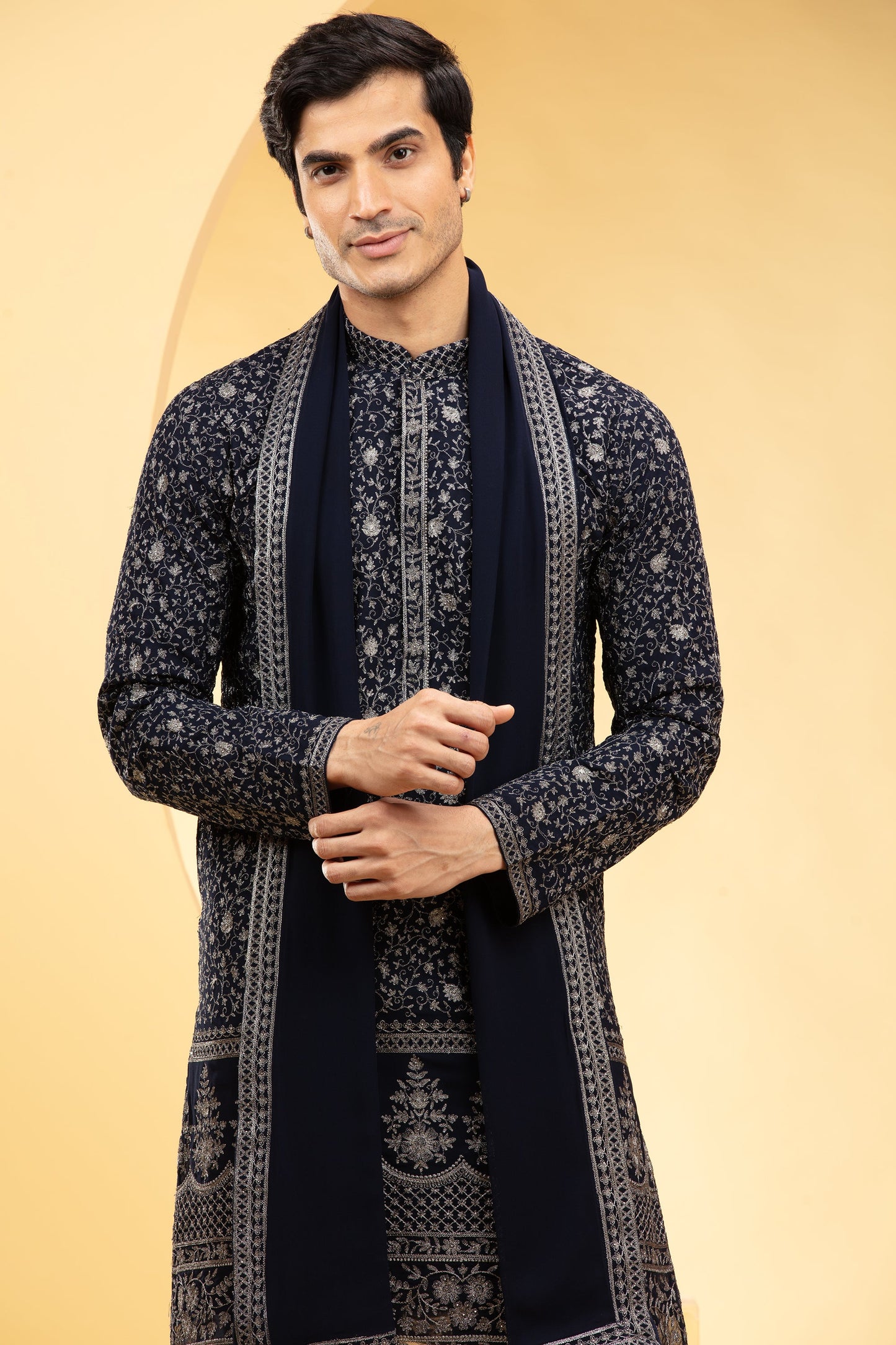 Dark Blue Lucknowi kurta Set with heavy Daman work and matching Dupatta