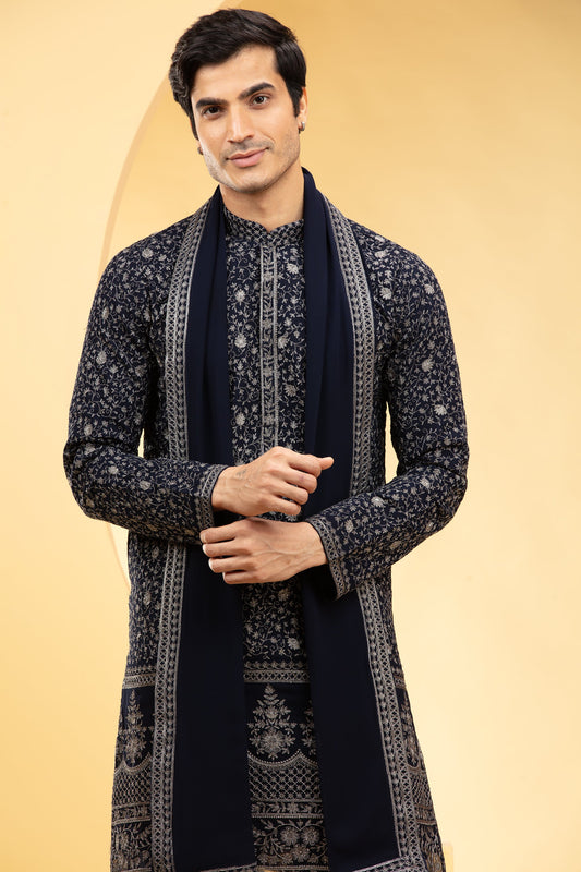 Dark Blue Lucknowi kurta Set with heavy Daman work and matching Dupatta