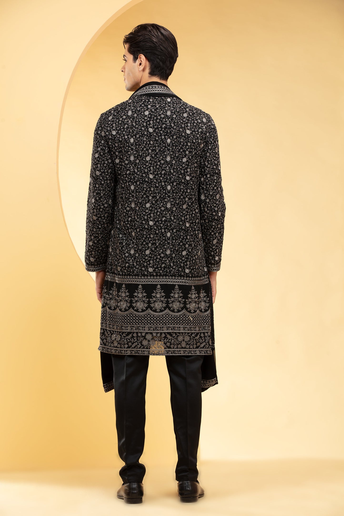 Onyx Black Lucknowi kurta Set with heavy Daman work and matching Dupatta