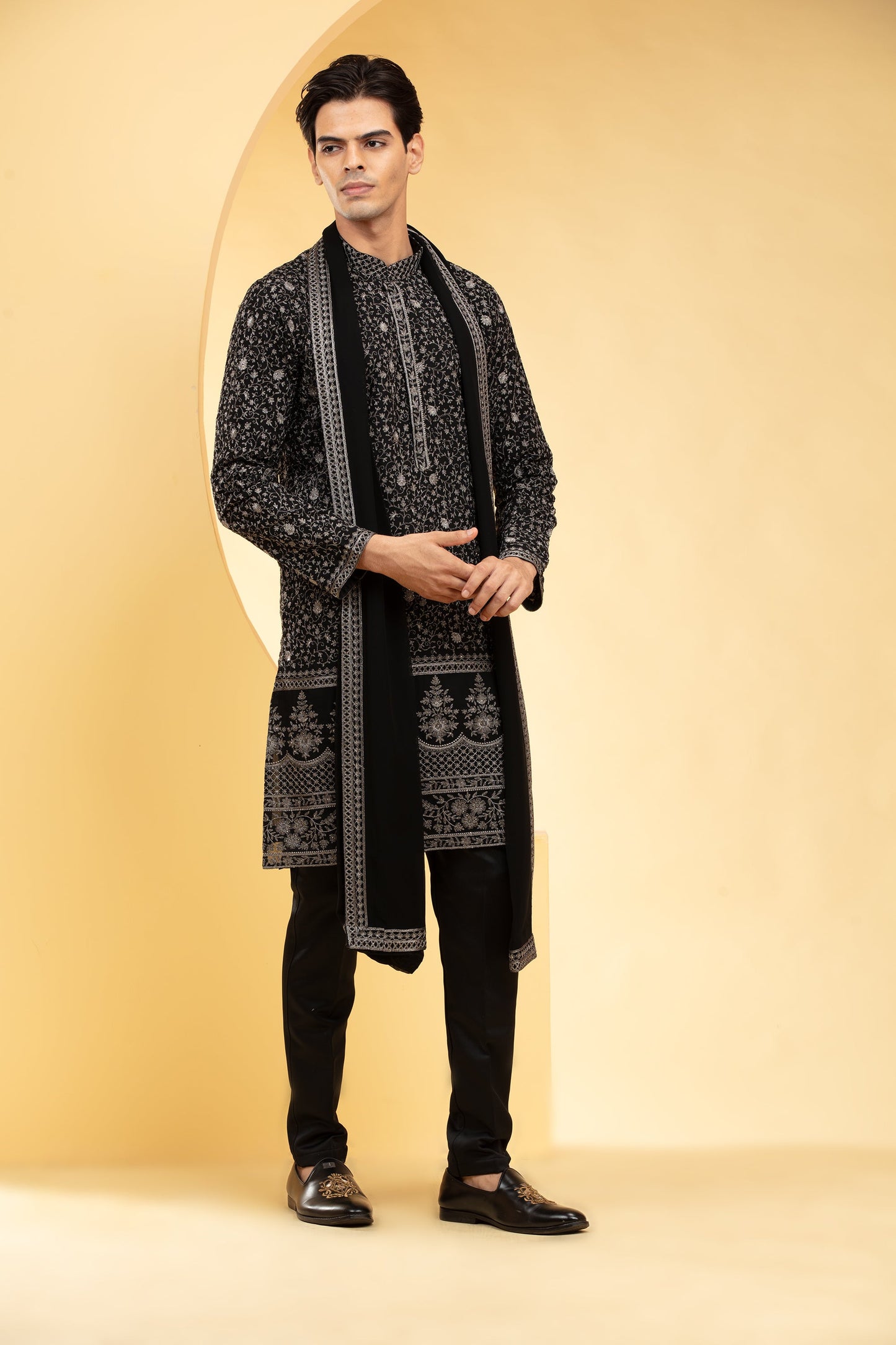 Onyx Black Lucknowi kurta Set with heavy Daman work and matching Dupatta