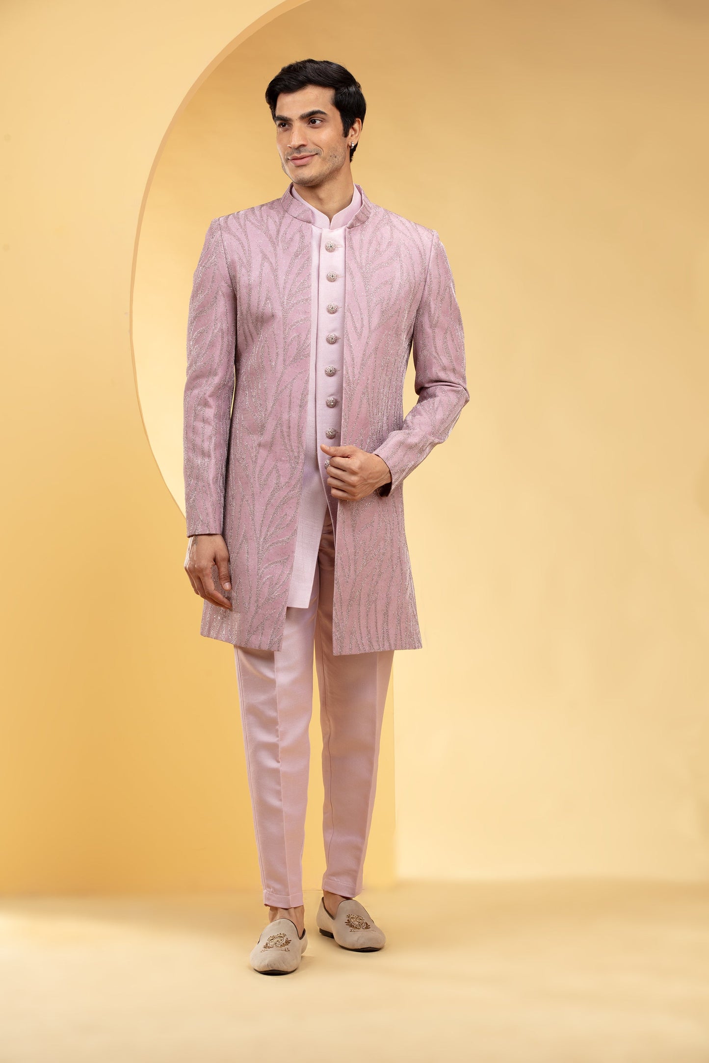 Blush Pink Ombré Open Indo Western Set with all over sequins work and metal buttons