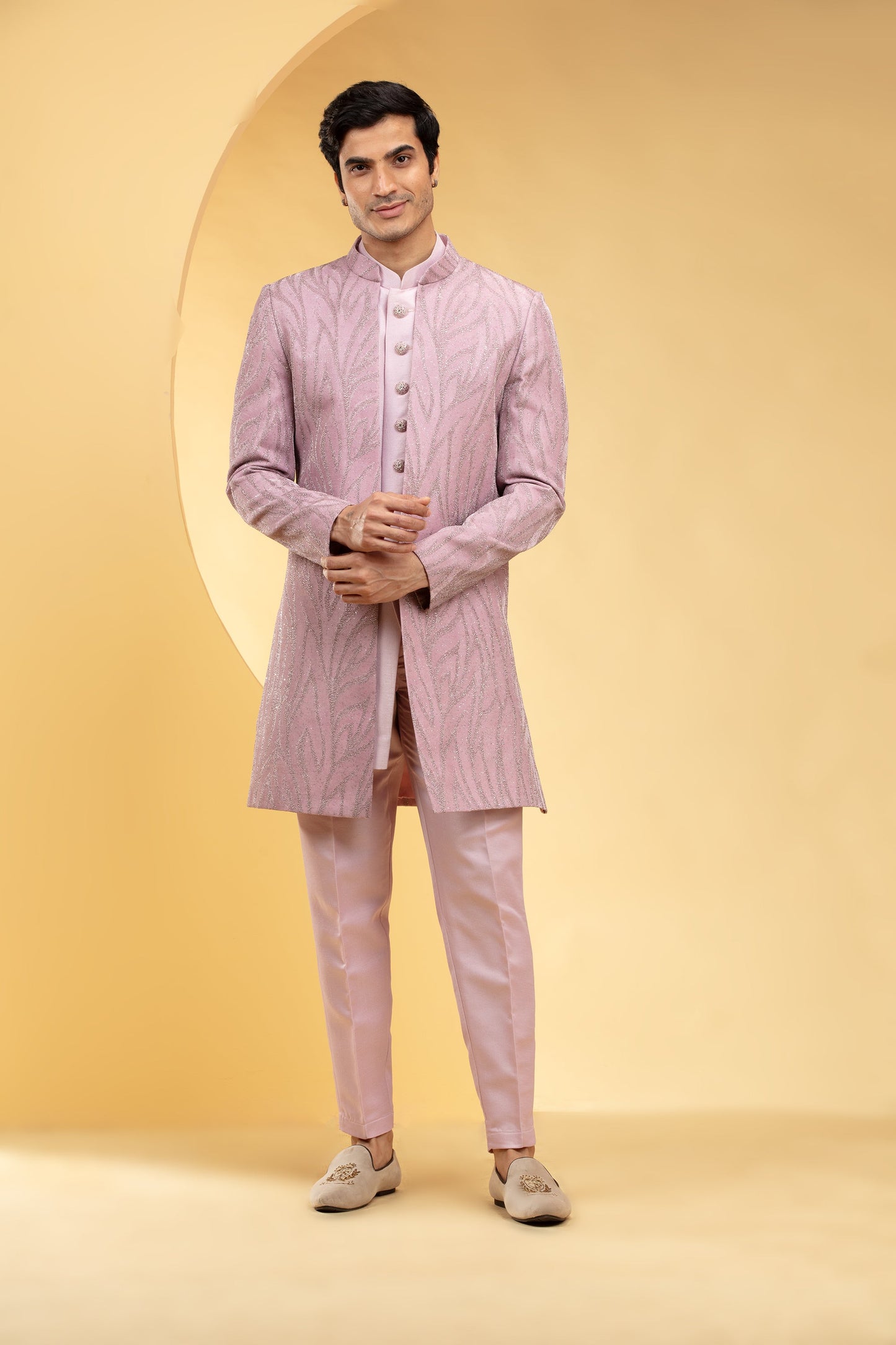 Blush Pink Ombré Open Indo Western Set with all over sequins work and metal buttons