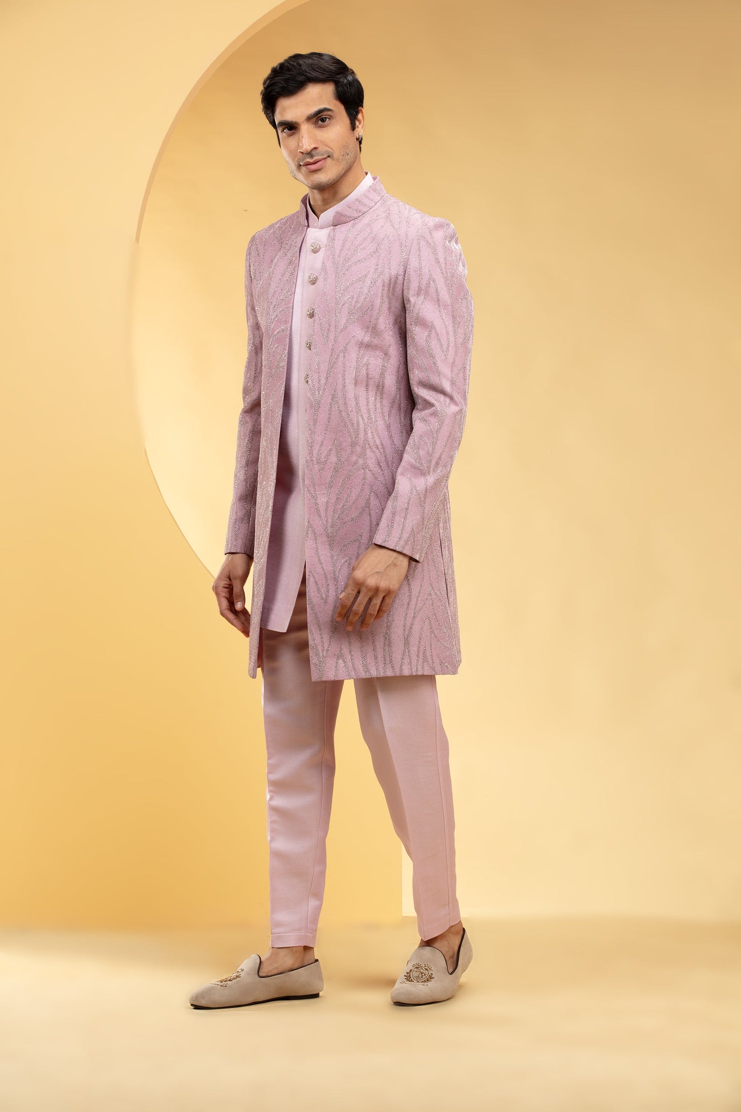 Blush Pink Ombré Open Indo Western Set with all over sequins work and metal buttons