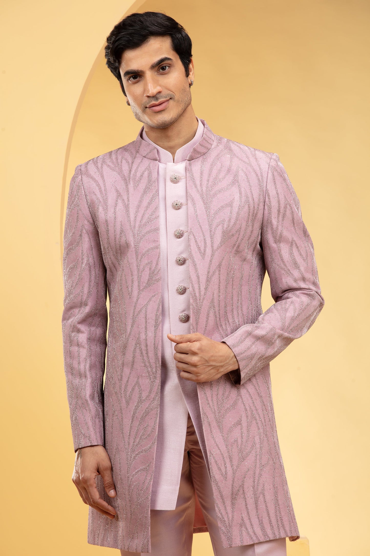 Blush Pink Ombré Open Indo Western Set with all over sequins work and metal buttons