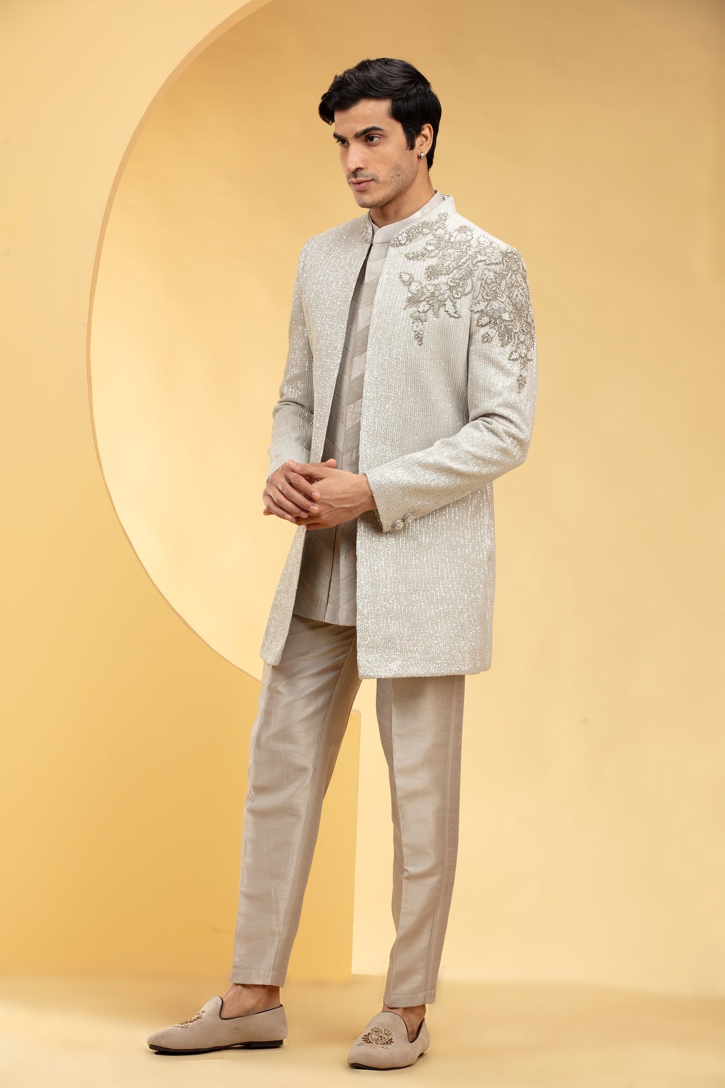 Beige Indo western kurta Set with sequins hand work