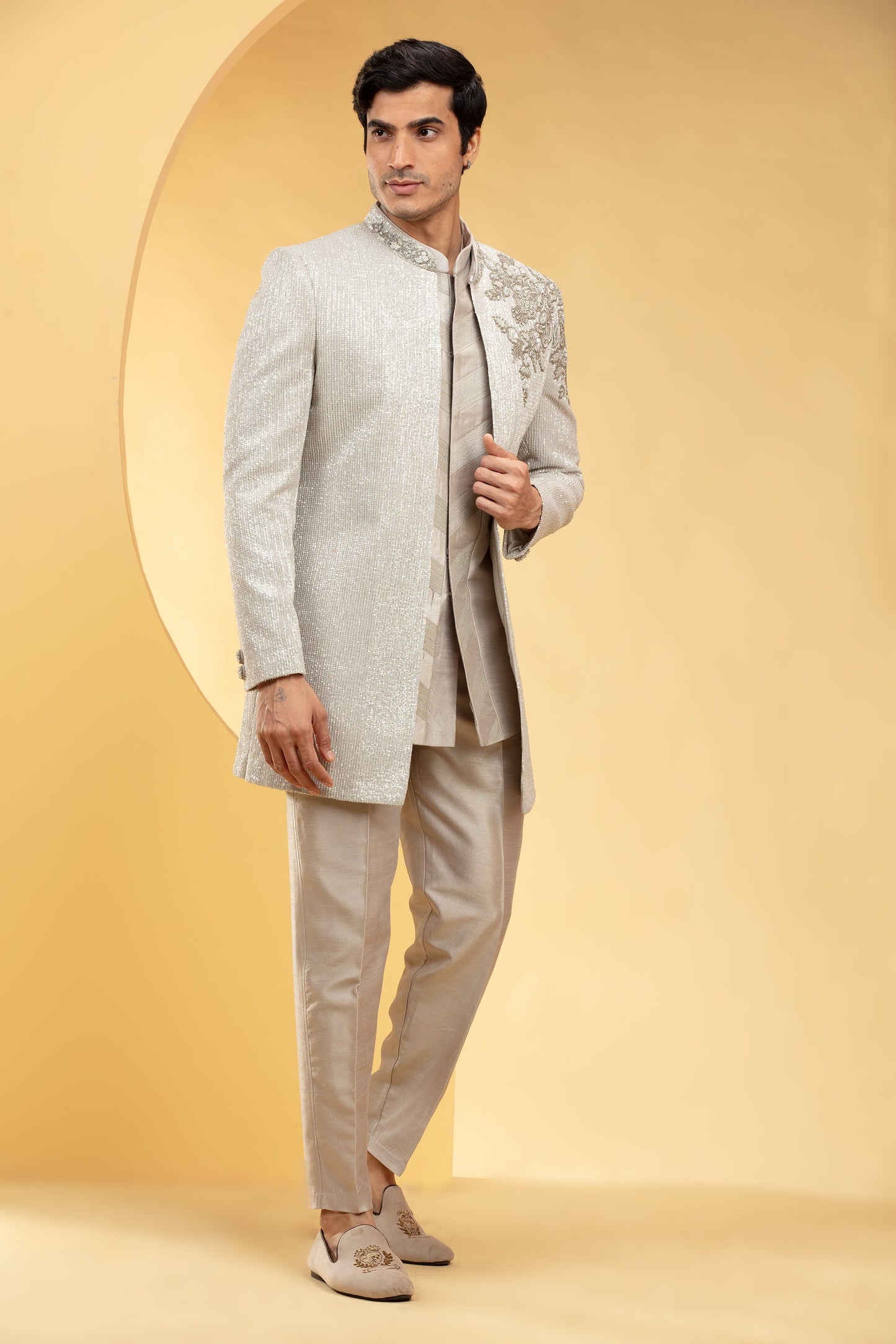 Beige Indo western kurta Set with sequins hand work