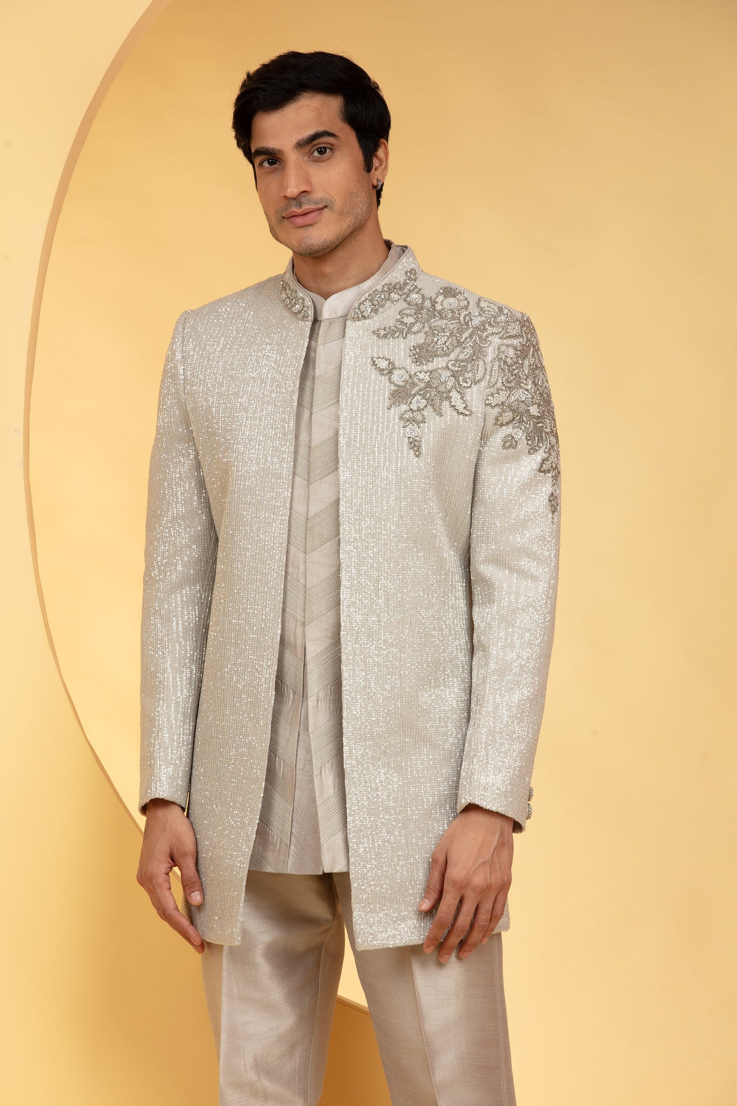 Beige Indo western kurta Set with sequins hand work