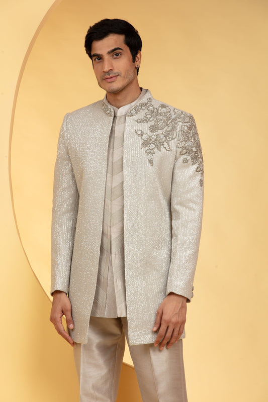 Beige Indo western kurta Set with sequins hand work