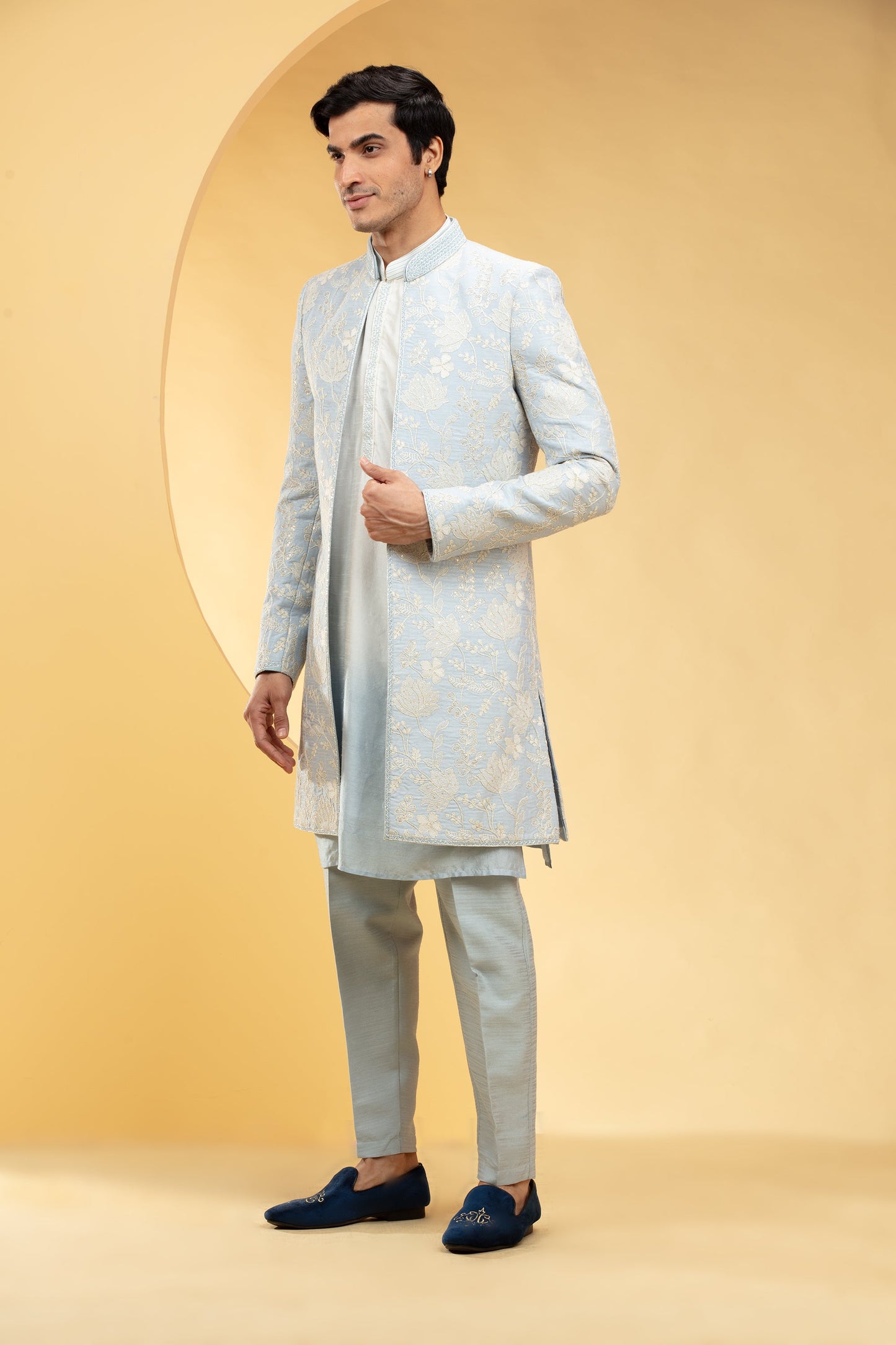 Pastel Blue Ombre open Indo Western set with all over thread work