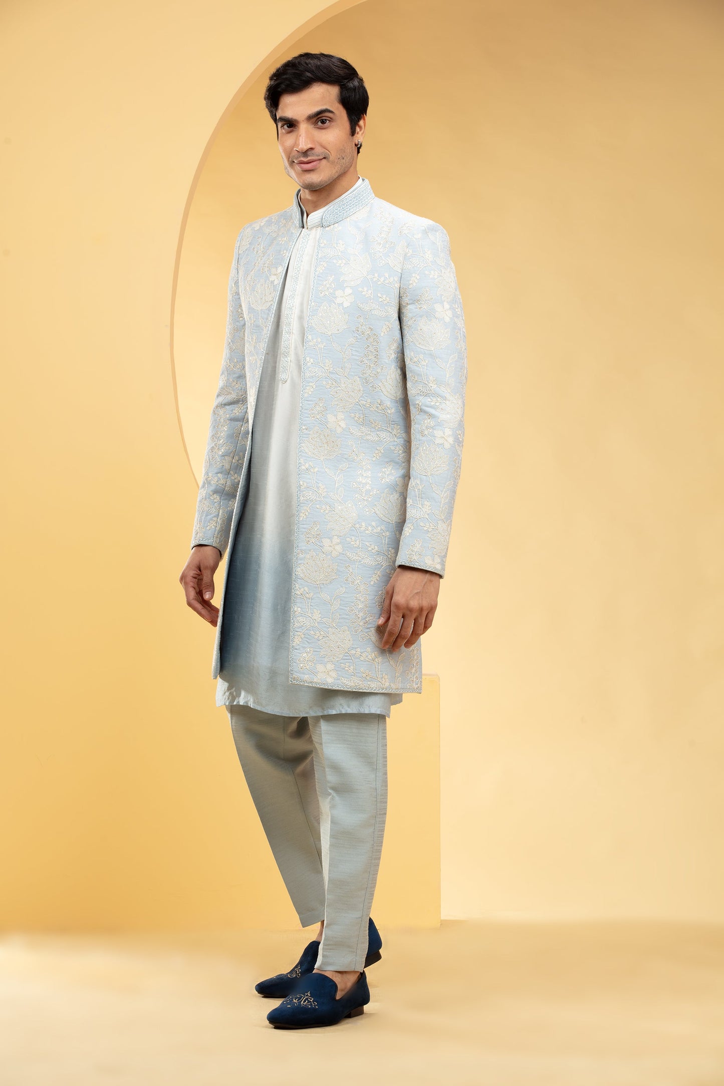 Pastel Blue Ombre open Indo Western set with all over thread work