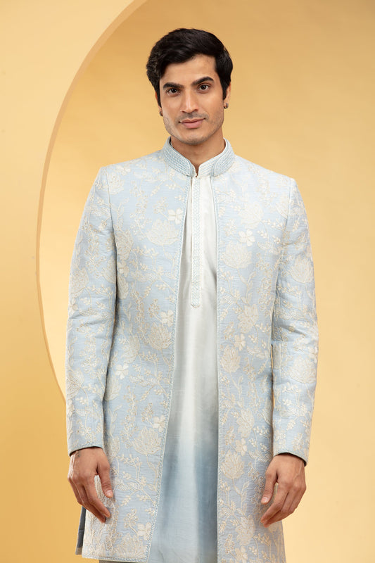 Pastel Blue Ombre open Indo Western set with all over thread work