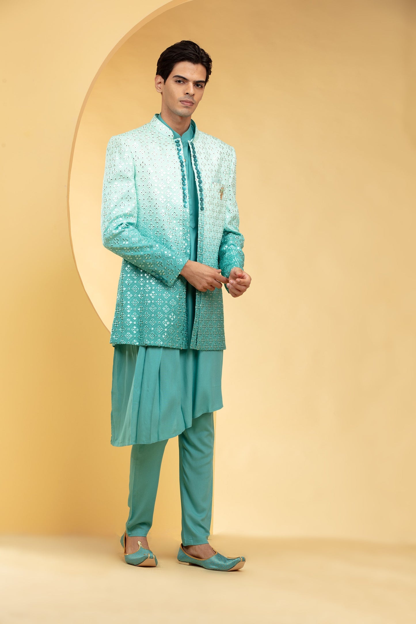 Sea green ombre open Jodhpuri set with sequin work