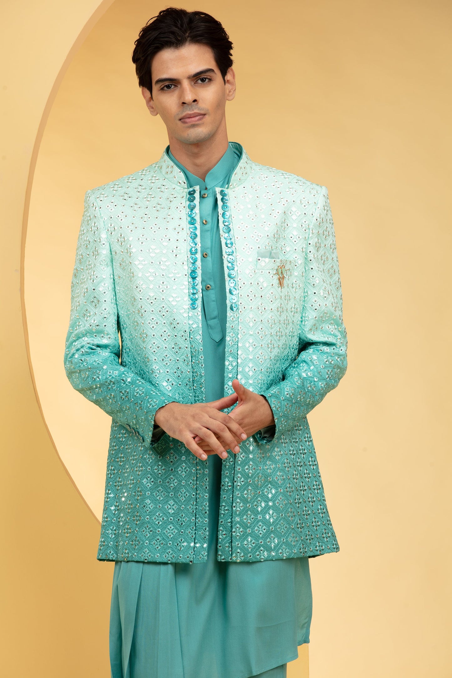 Sea green ombre open Jodhpuri set with sequin work