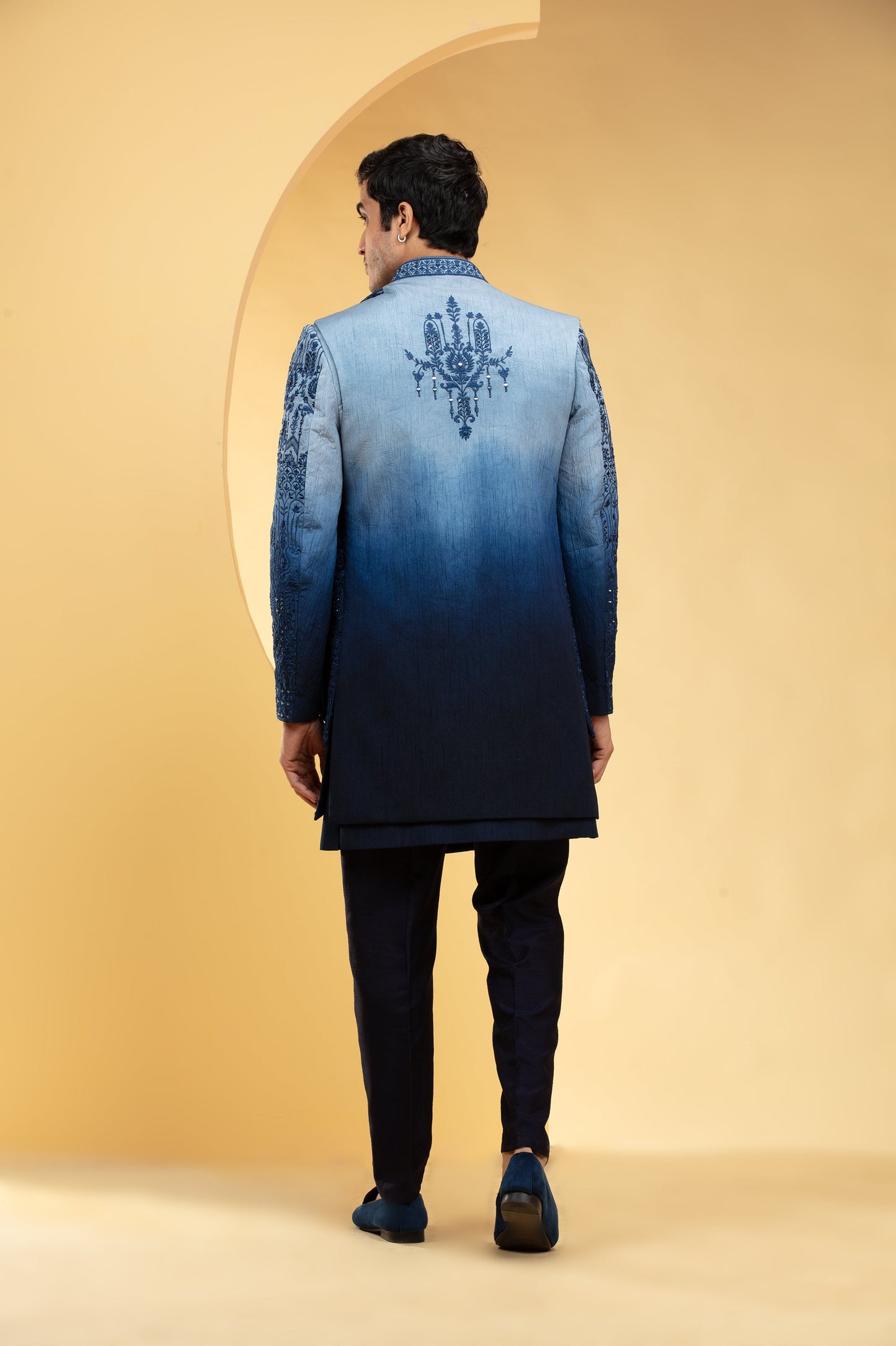 Prussian Blue ombre open indo western 3 layered set with sequin work
