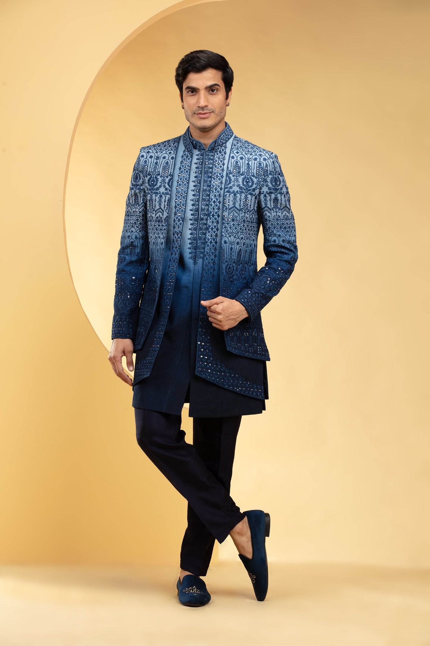 Prussian Blue ombre open indo western 3 layered set with sequin work
