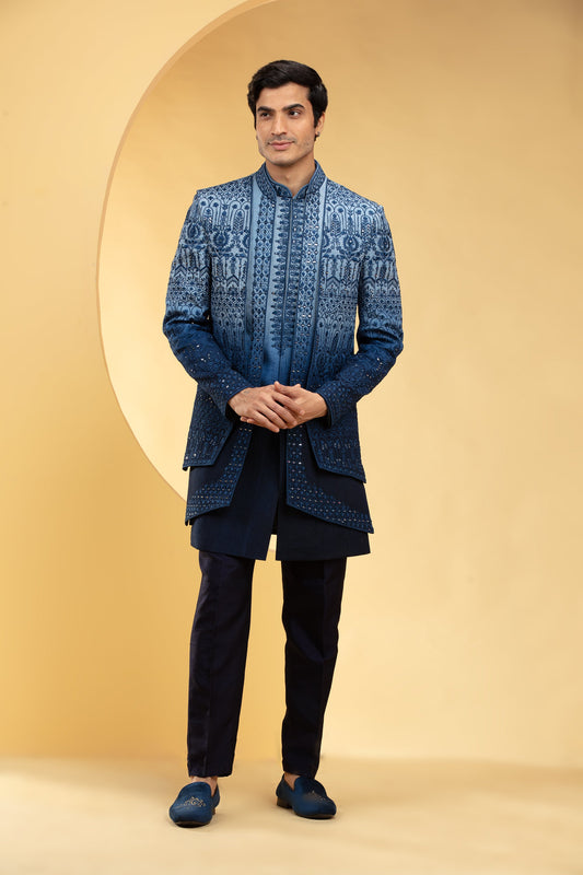 Prussian Blue ombre open indo western 3 layered set with sequin work