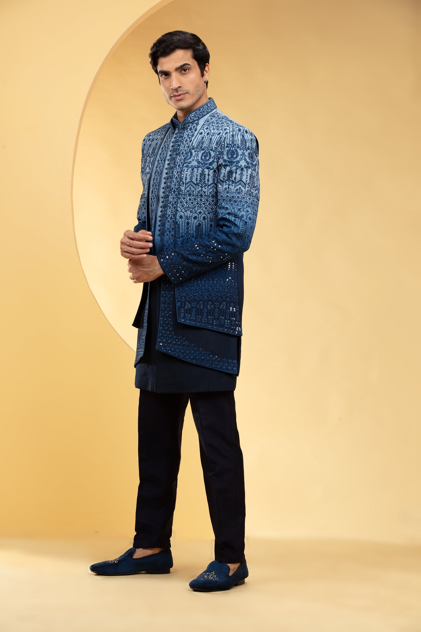 Prussian Blue ombre open indo western 3 layered set with sequin work
