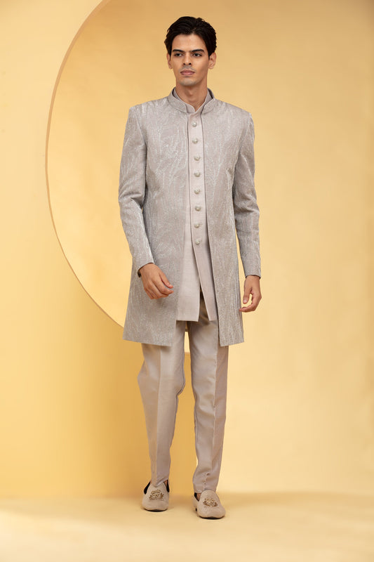 Hazel wood Gold Ombré Open Indo Western Set with al over sequins work and metal buttons