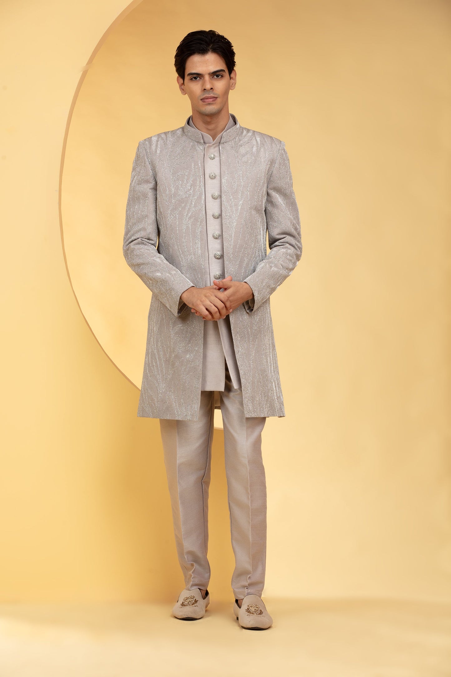 Hazel wood Gold Ombré Open Indo Western Set with al over sequins work and metal buttons