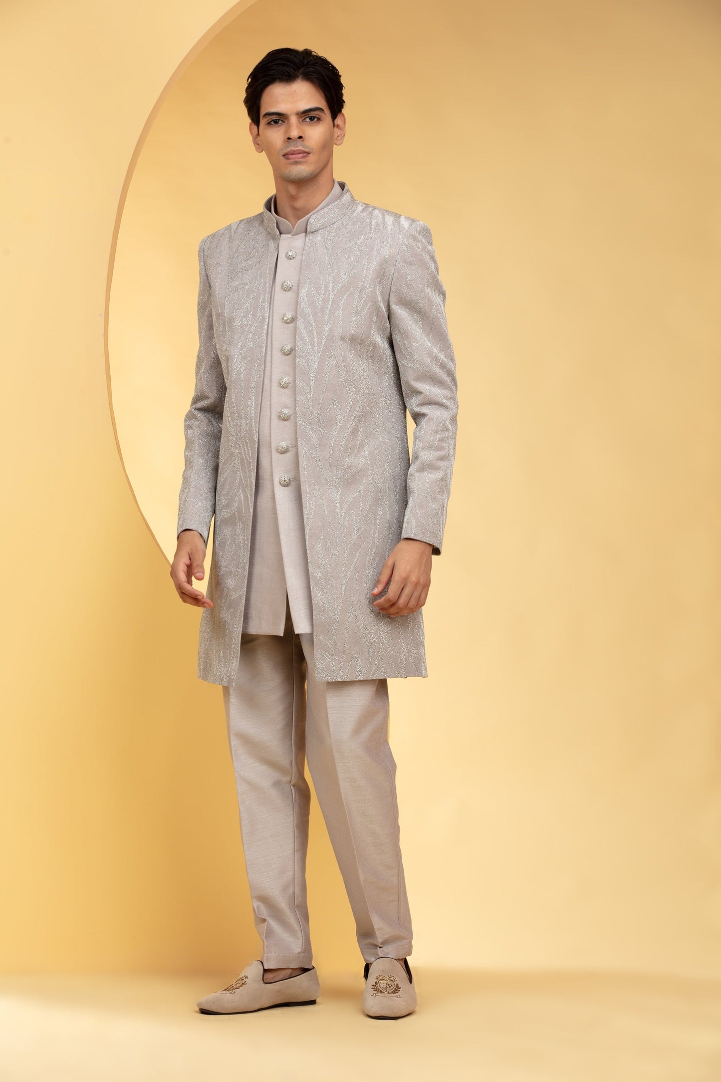 Hazel wood Gold Ombré Open Indo Western Set with al over sequins work and metal buttons