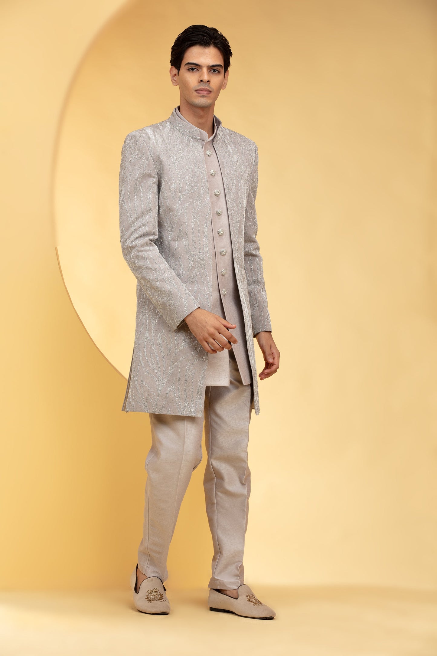 Hazel wood Gold Ombré Open Indo Western Set with al over sequins work and metal buttons