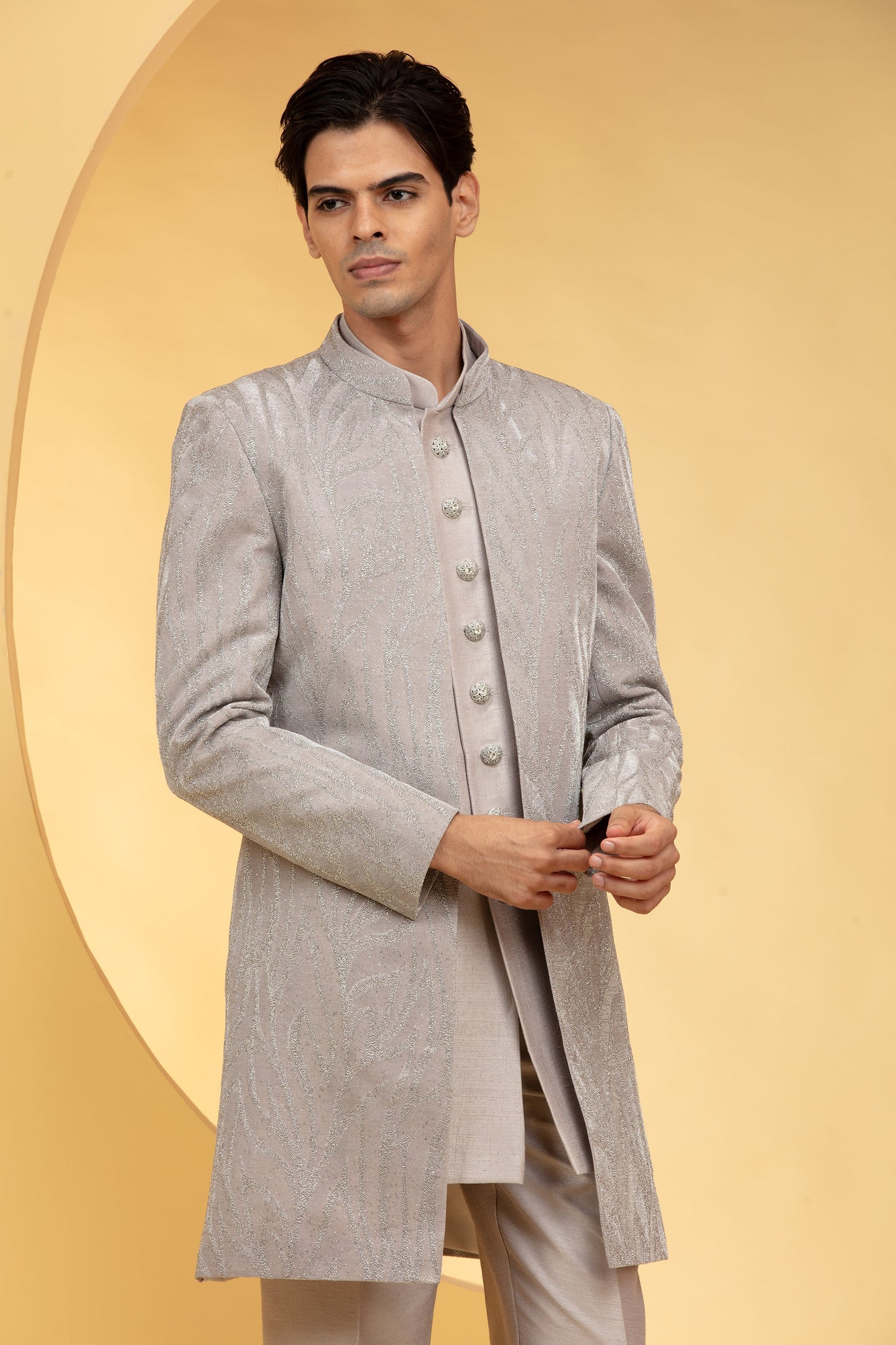 Hazel wood Gold Ombré Open Indo Western Set with al over sequins work and metal buttons