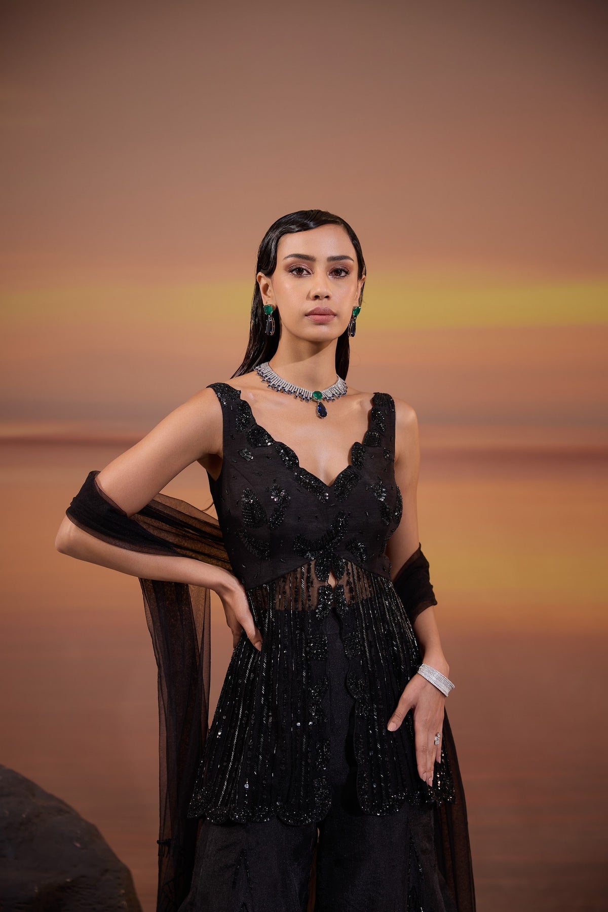 Black Embellished Dola Silk Party Wear Sharara Set