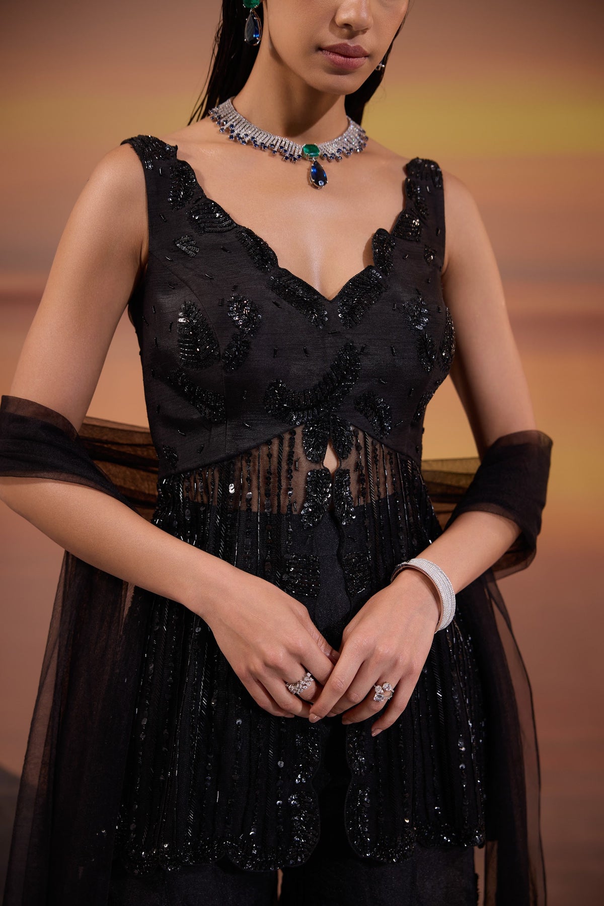 Black Embellished Dola Silk Party Wear Sharara Set