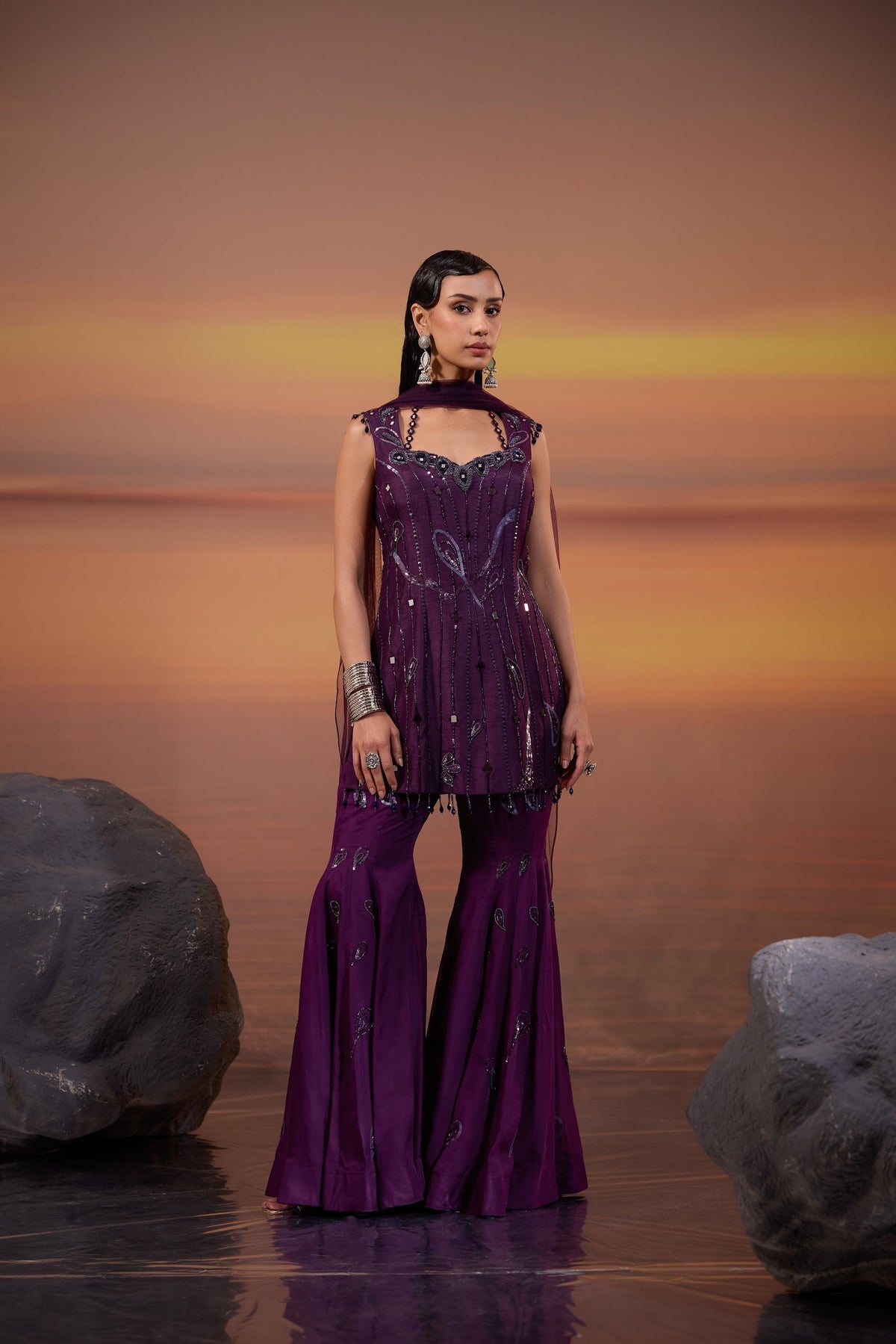 Dark Purple Sequins Embellished Dola Silk Sangeet Sharara Set
