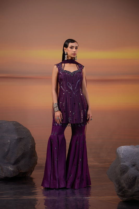 Dark Purple Sequins Embellished Dola Silk Sangeet Sharara Set