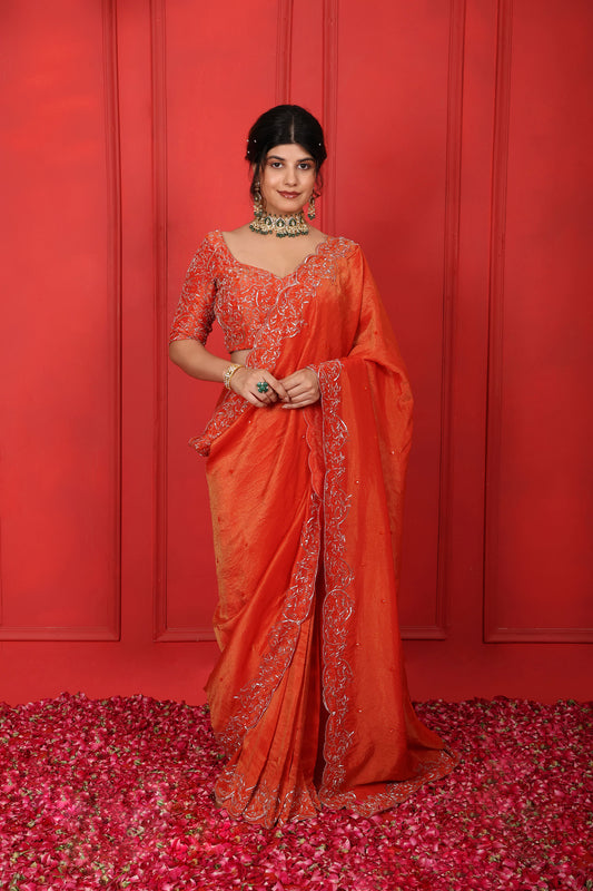 Orange Viscose Tissue Hand Embroidered Saree Set