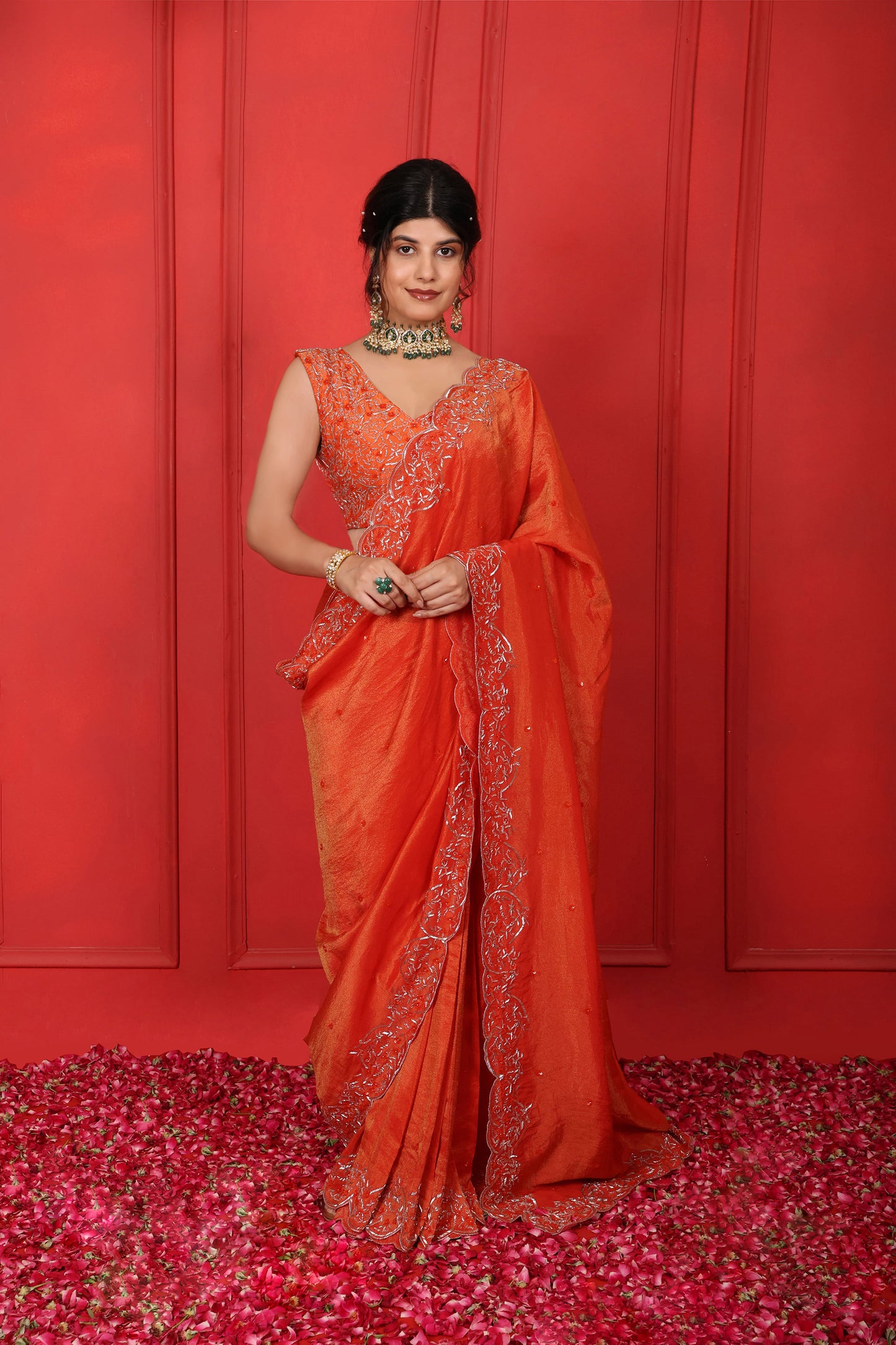 Shocking Orange Hand Embroidered V-Neckline Saree Set