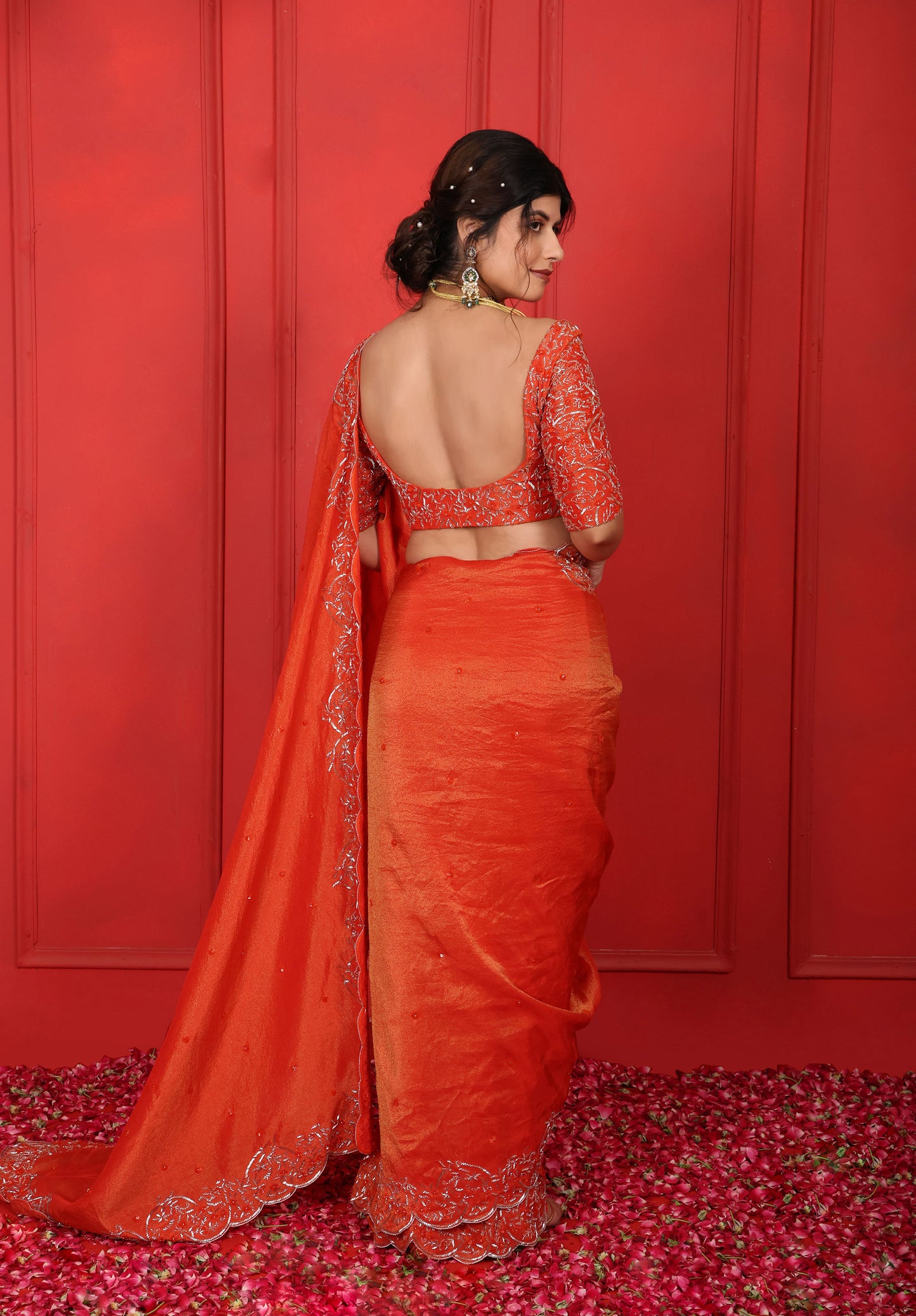 Orange Viscose Tissue Hand Embroidered Saree Set