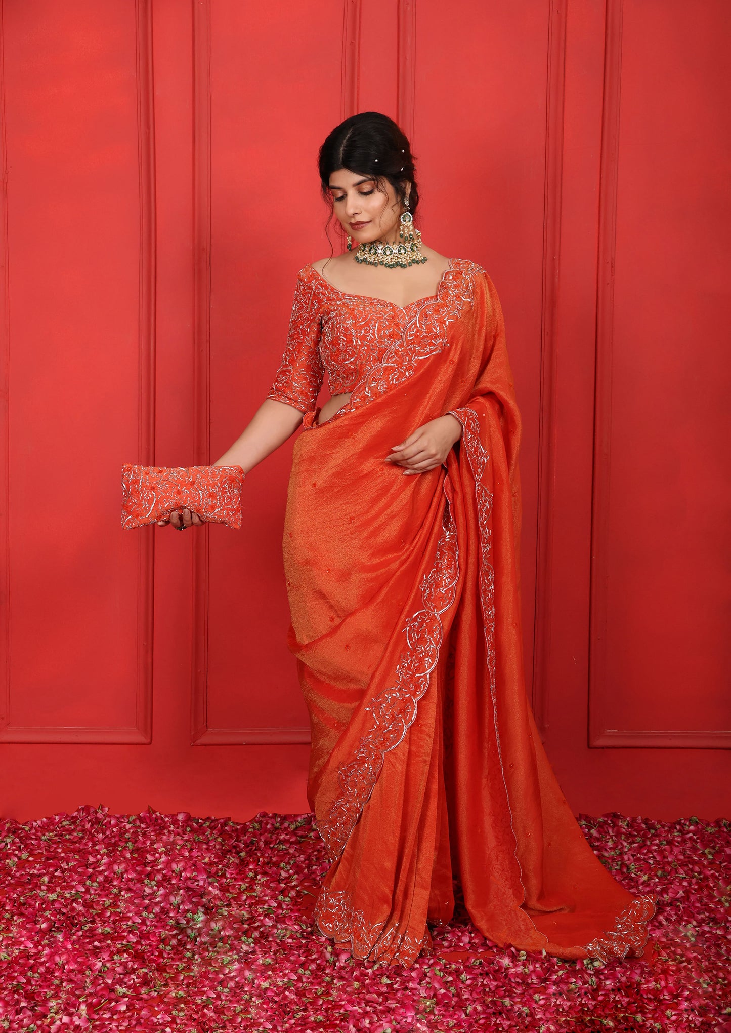 Orange Viscose Tissue Hand Embroidered Saree Set