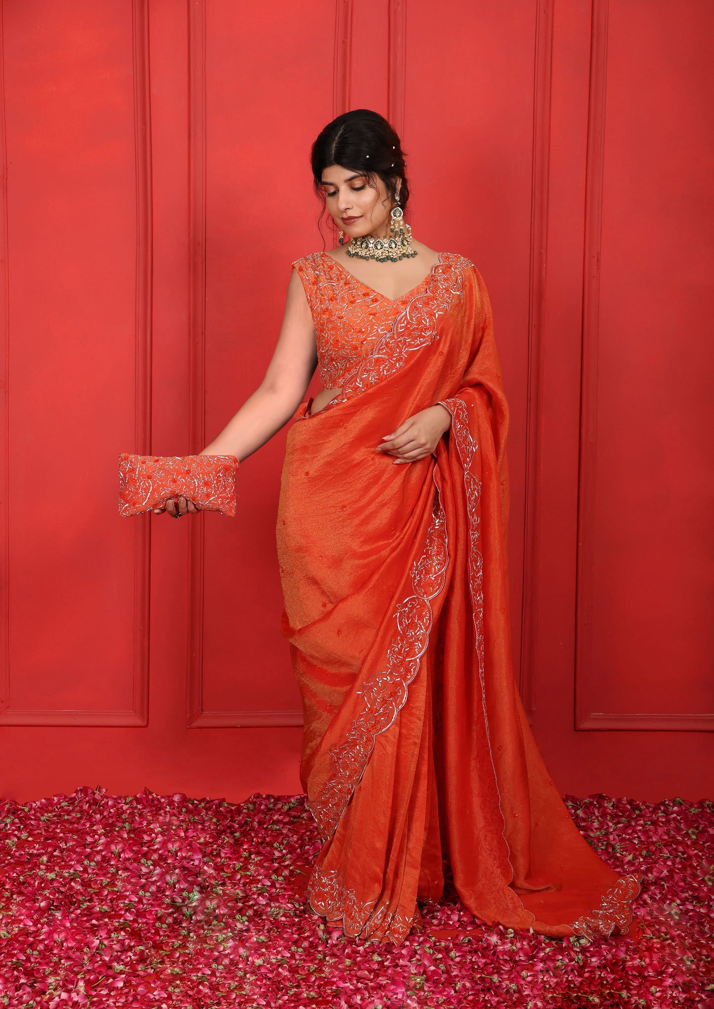 Shocking Orange Hand Embroidered V-Neckline Saree Set
