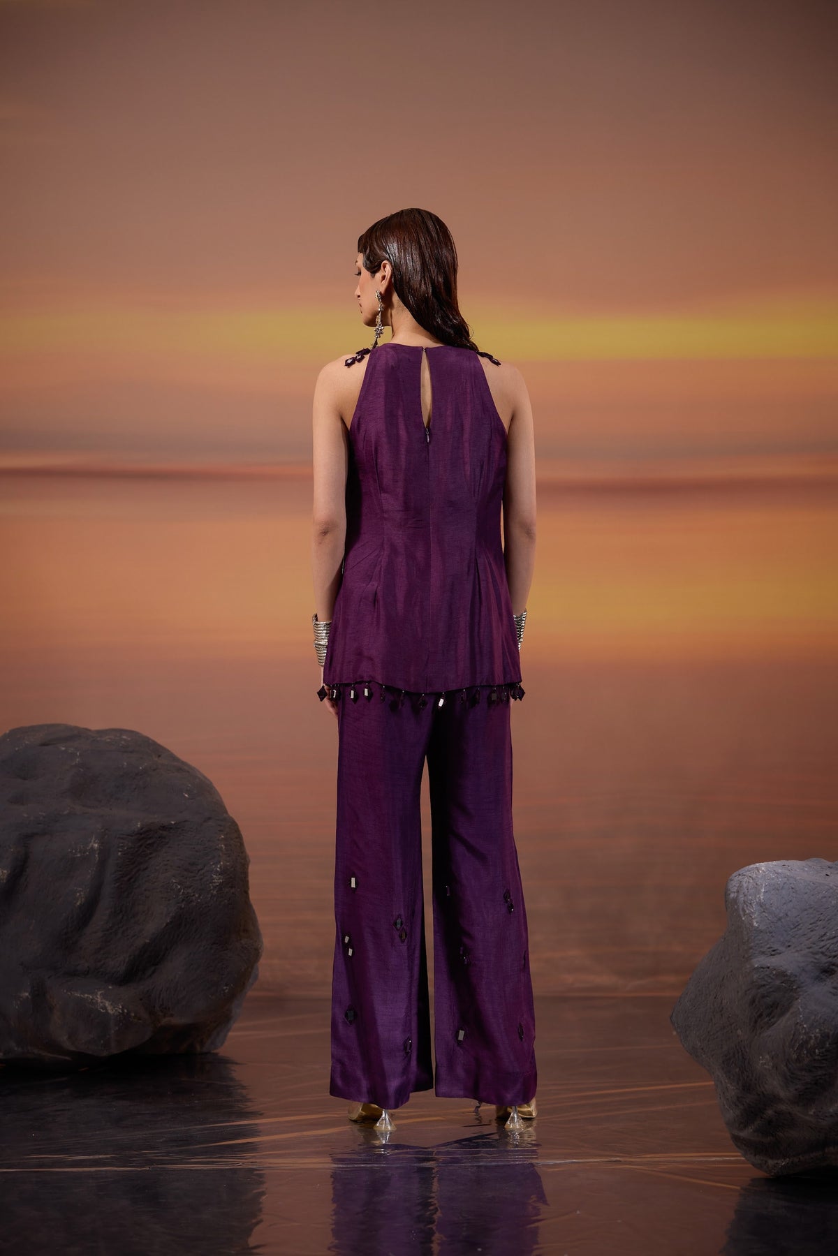 Dark Purple Embellished Dola Silk Festive Co-Ord Set