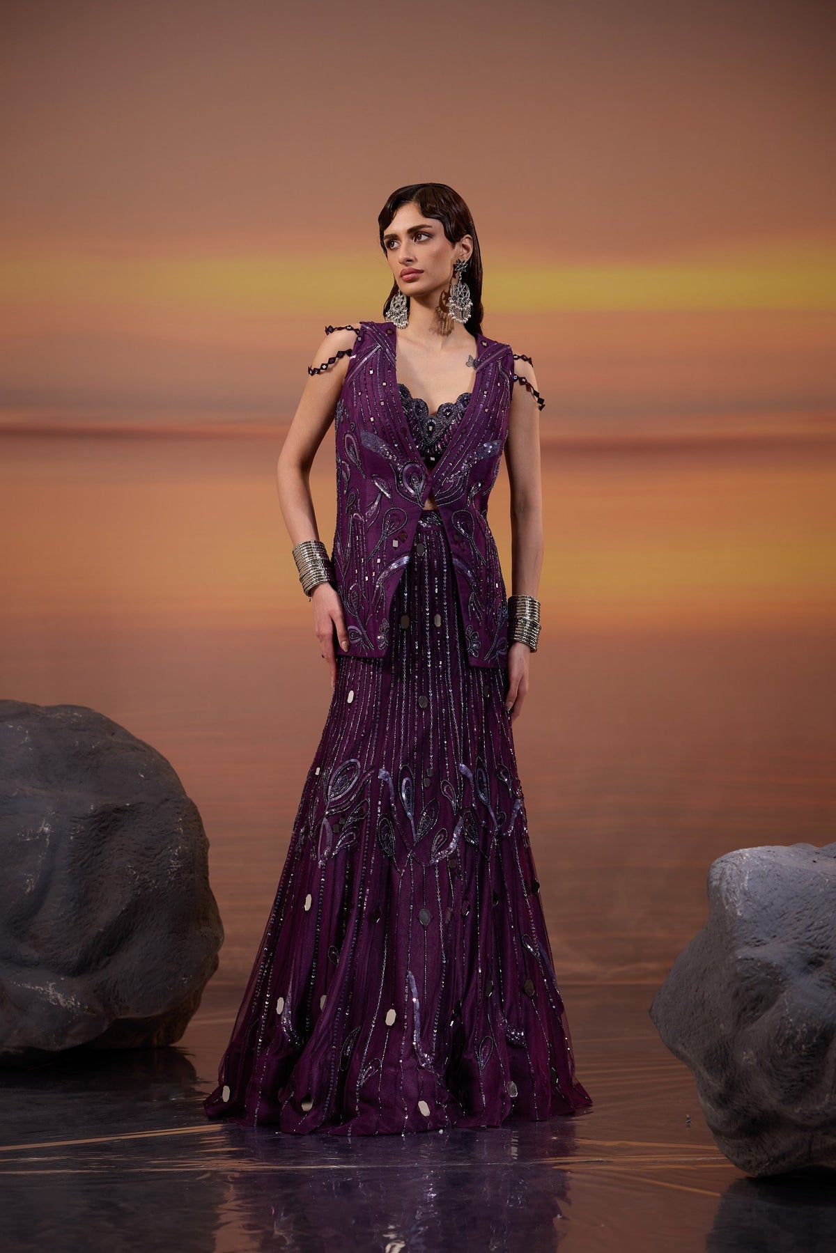 Dark Purple Hand Embroidered & Beads Embellished Dola Silk Jacket with Tulle Lehenga