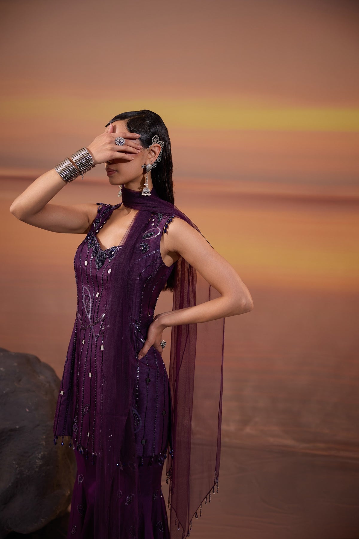 Dark Purple Sequins Embellished Dola Silk Sangeet Sharara Set