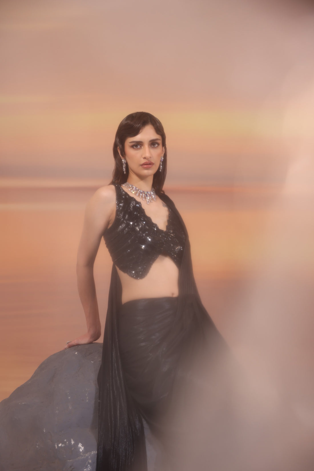 Black hand Embroidered Metallic Lycra Cocktail Drape Saree